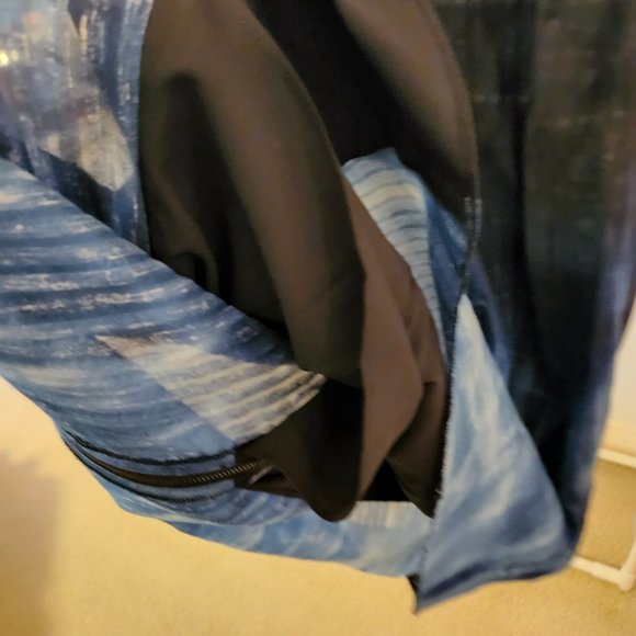 Elie Tahari | Zip Front Black and Blue Watercolor Sleeveless Shift Dress, Size 6 - Picture 8 of 9